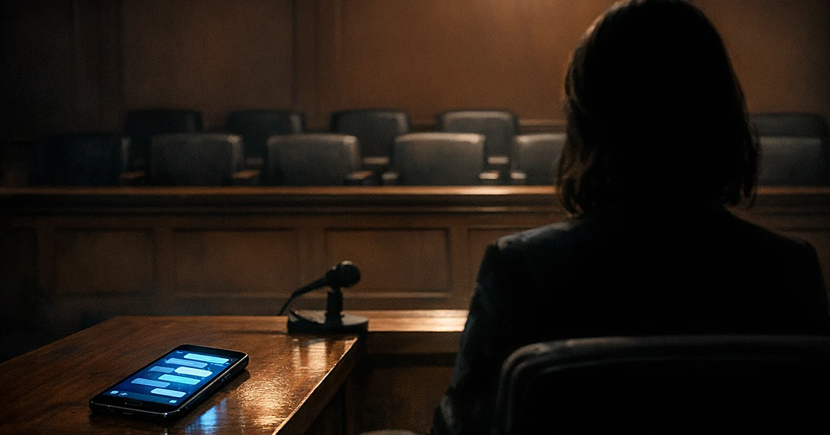 Silhouette of witness in courtroom with illuminated smartphone showing text messages on stand in foreground