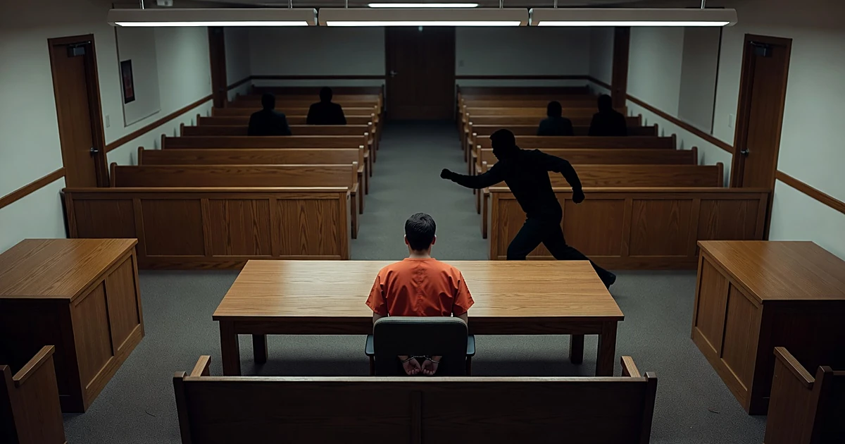 Silhouetted figure lunging toward seated person in orange at courtroom table, viewed from above in dramatic lighting