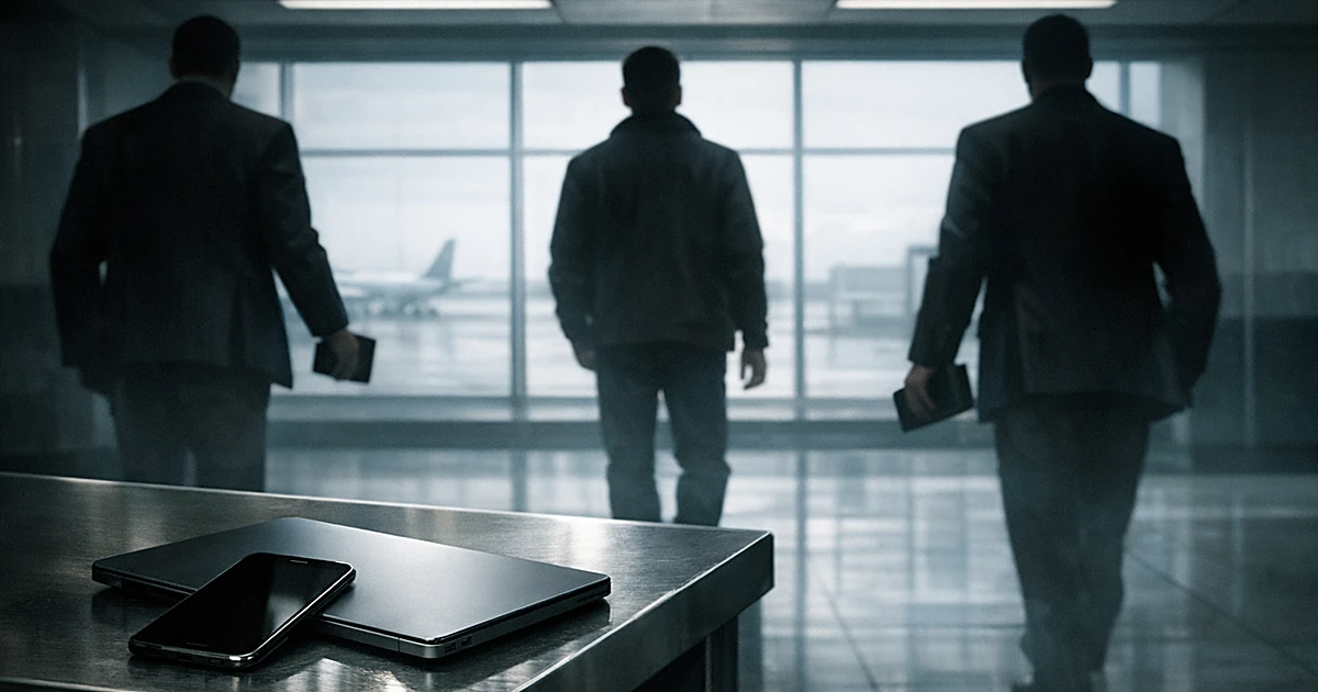 Silhouetted figures in airport terminal with electronic devices on security table in foreground