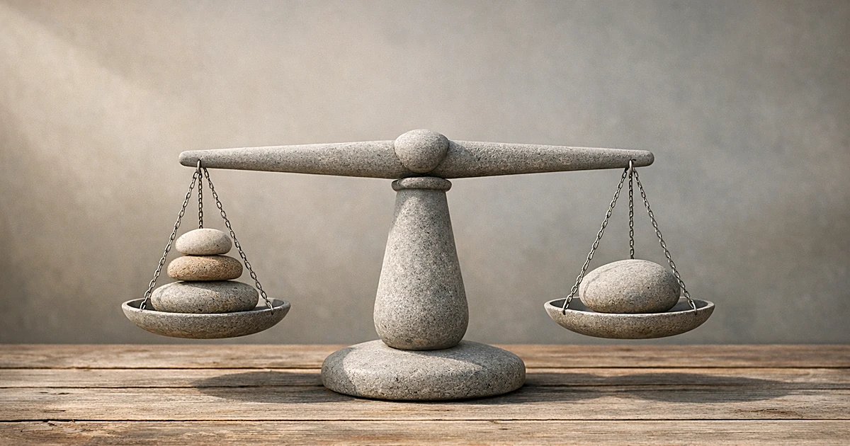 Abstract stone balance scale on wooden surface with natural lighting