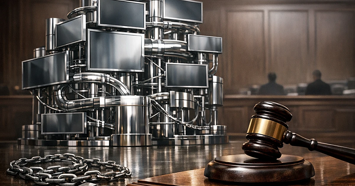 Intact chrome advertising structure in courtroom with unused chains on floor and judge's gavel on bench