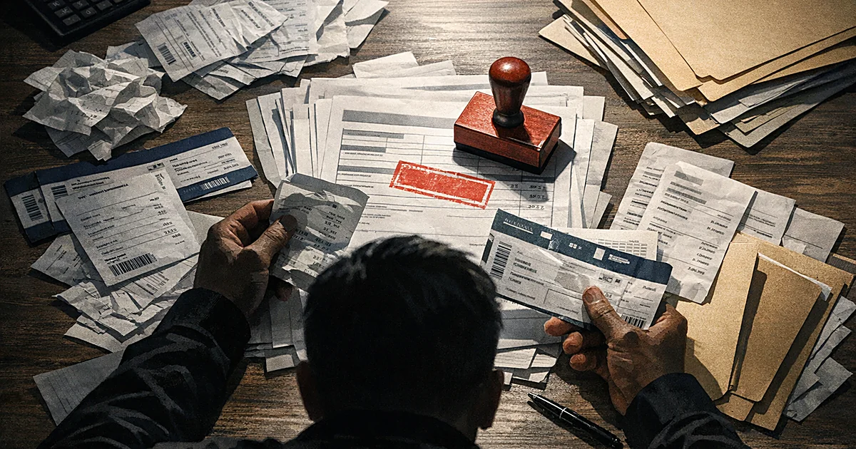 Overhead view of desk with scattered travel receipts and expense documents being reviewed, with red compliance stamp visible
