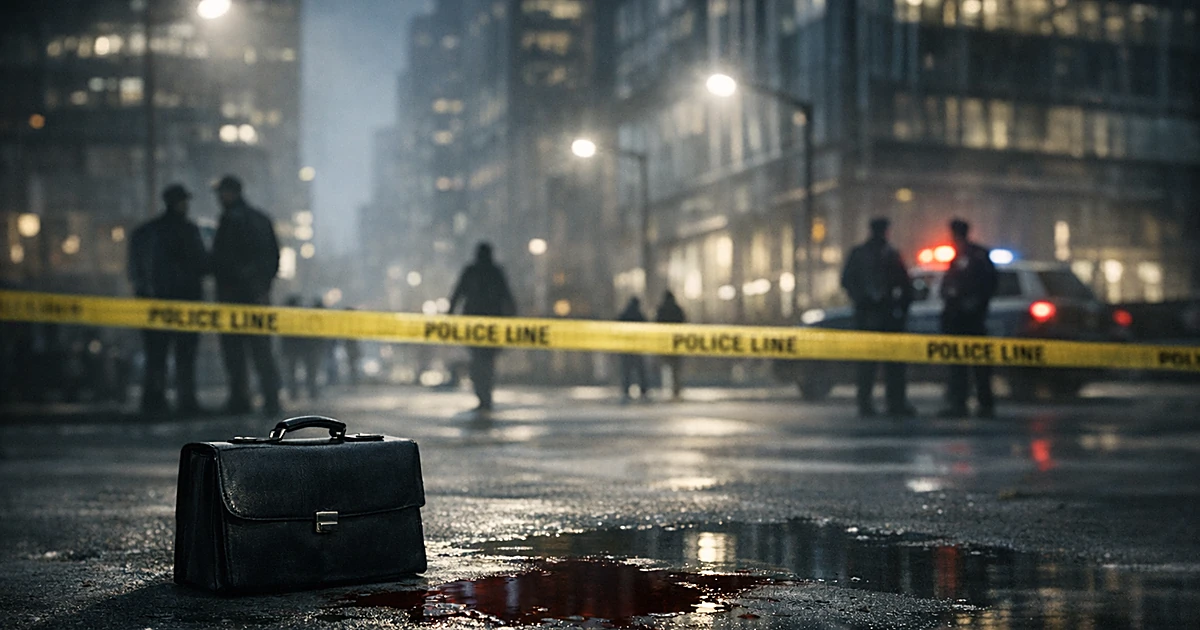 Abandoned briefcase on urban street with police tape and distant silhouettes against glass buildings at dusk