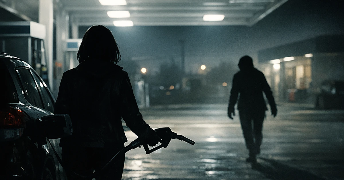 Silhouetted figures at a gas station pump under harsh lighting, one approaching the other from the side
