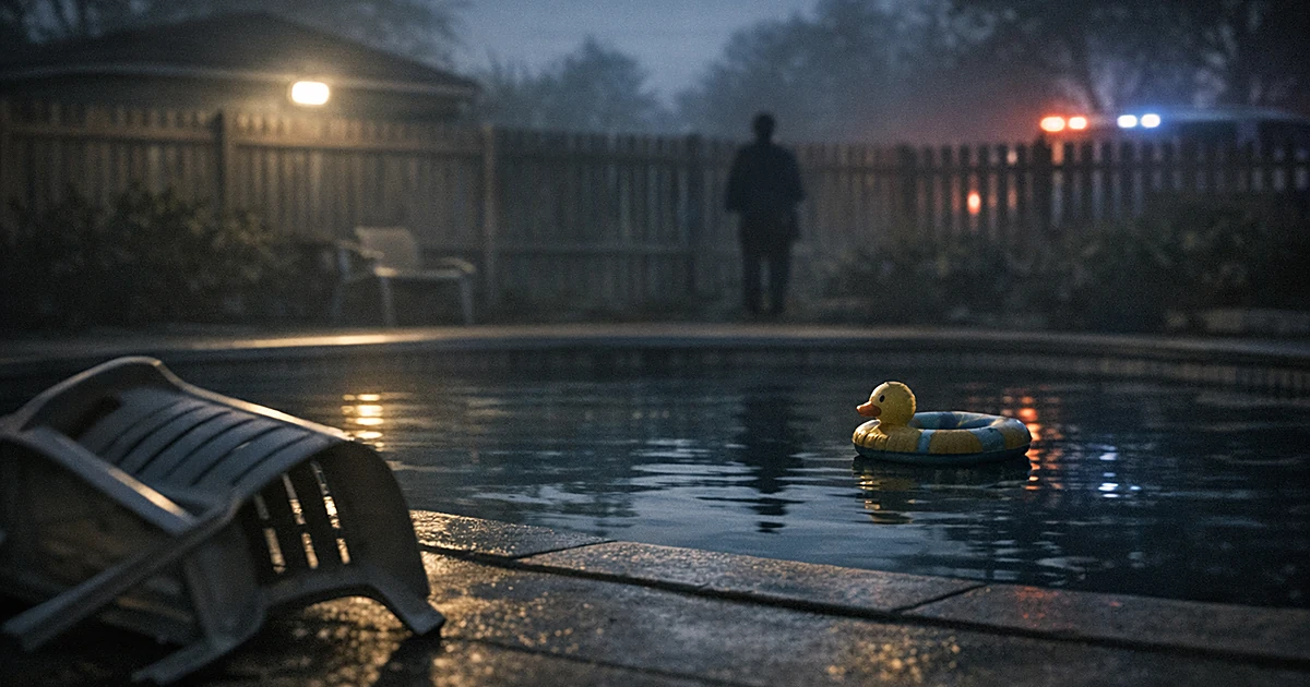 Empty backyard pool at dusk with abandoned child's toy floating on dark water and overturned chair on deck
