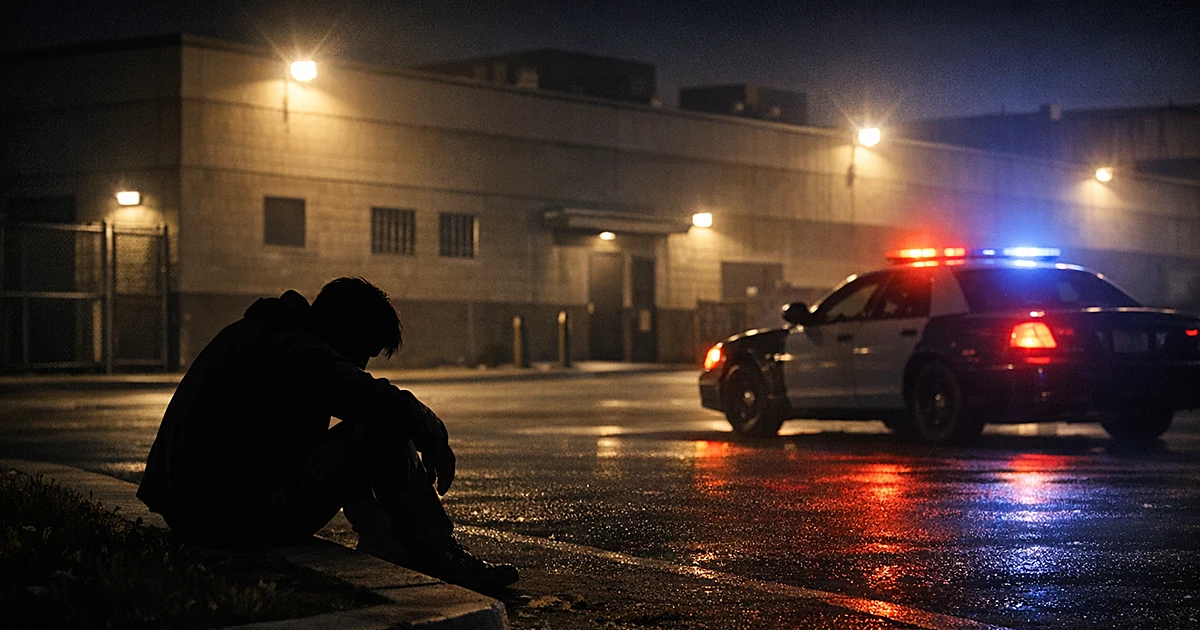 Silhouetted figure sits on curb near police car with emergency lights outside jail facility at night