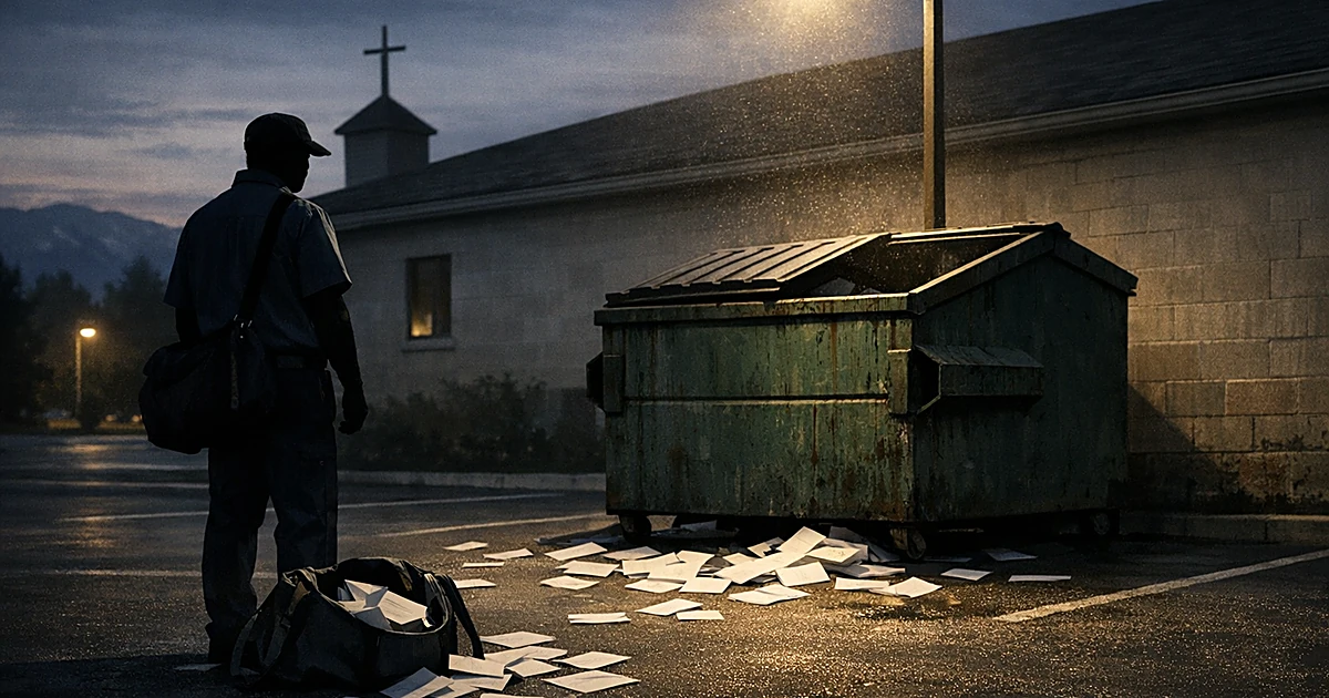 Silhouetted postal worker beside dumpster with scattered mail envelopes in church parking lot at dusk