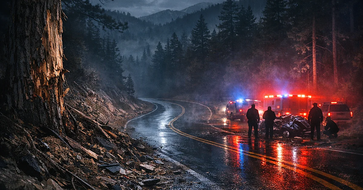 Dark mountain road at night with damaged tree and emergency lights reflecting through forest mist