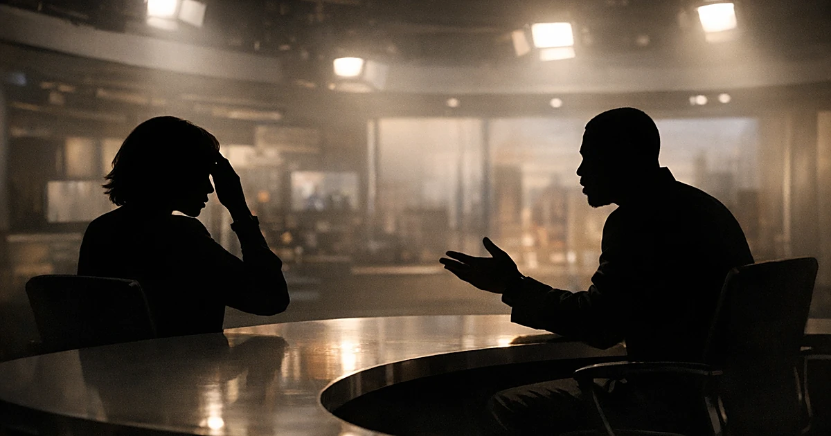 Silhouettes of two people in TV studio interview setup with dramatic lighting showing tense conversation moment