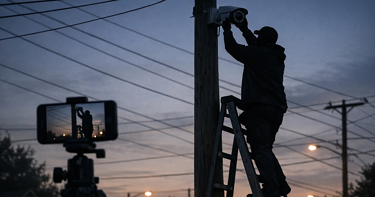 Silhouetted person on ladder reaching toward surveillance camera on pole while being filmed by smartphone on tripod