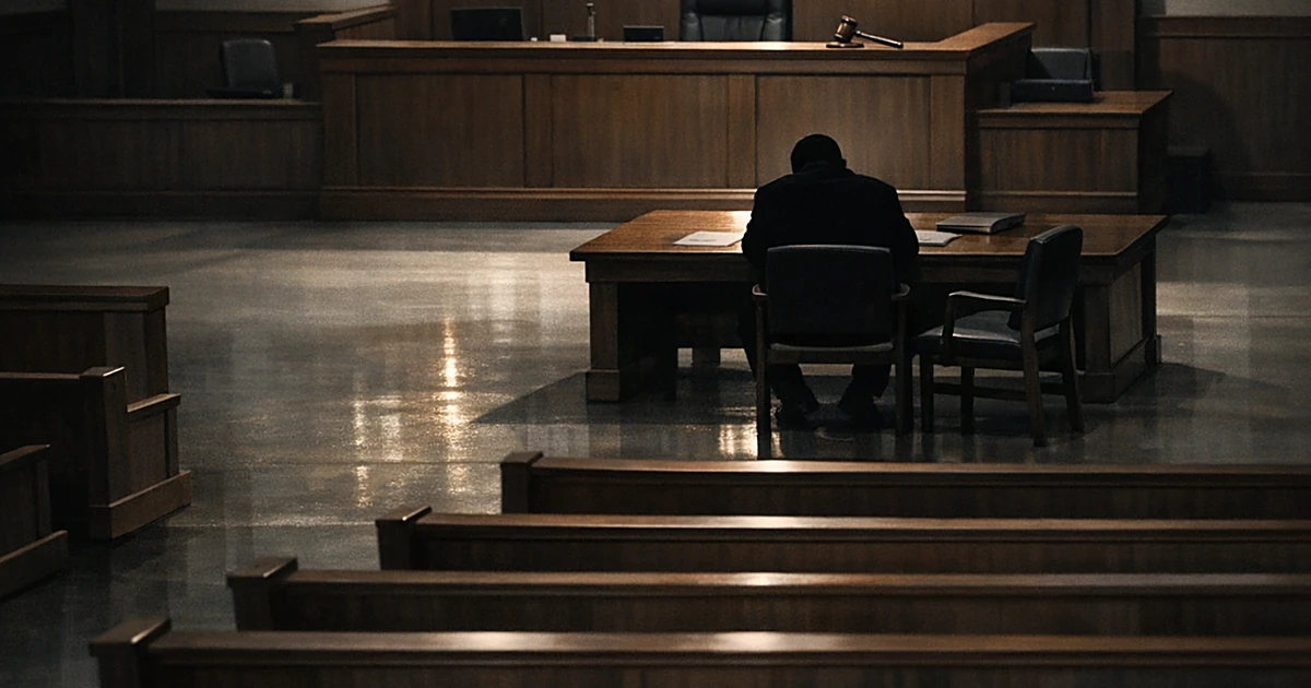 Empty courtroom with silhouetted figure at defendant's table, gavel on judge's bench, harsh overhead lighting
