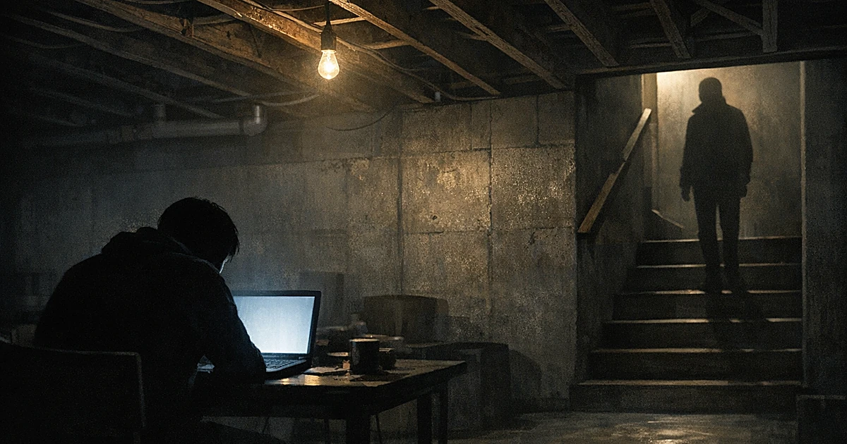 Dark basement with wooden rafters and silhouetted figures, one at laptop, another on stairs in shadowy lighting