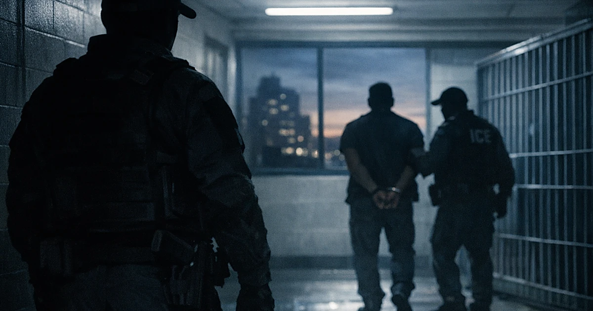 Silhouetted law enforcement officer in corridor of detention facility with urban skyline visible through window