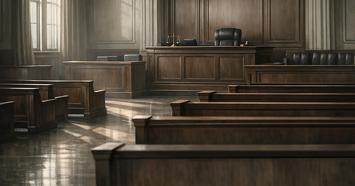 Empty courtroom with wooden benches and natural light casting shadows