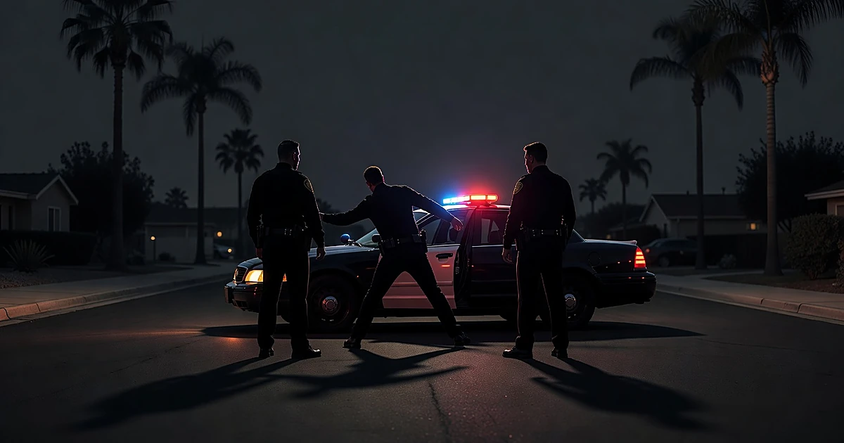 Silhouettes of deputies and passenger during tense nighttime traffic stop with emergency vehicle lights