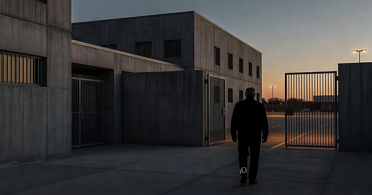 Silhouette of elderly person with ankle monitor leaving jail building at dusk