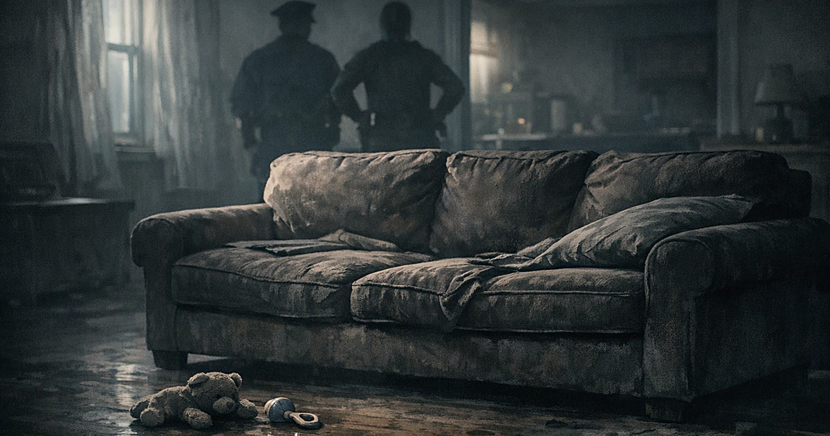 Dark living room with worn couch and abandoned toy on floor in shadowy, somber lighting