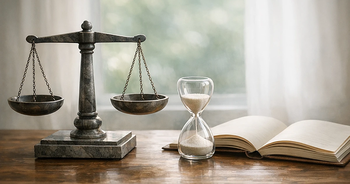 Abstract composition of balanced scales, open book, and hourglass in soft natural lighting