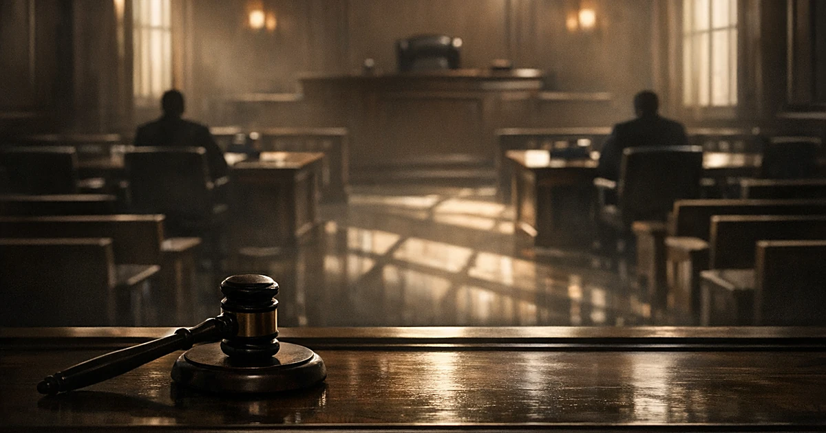 Empty courtroom with gavel on bench, dramatic shadows cast across wooden surfaces in dim lighting