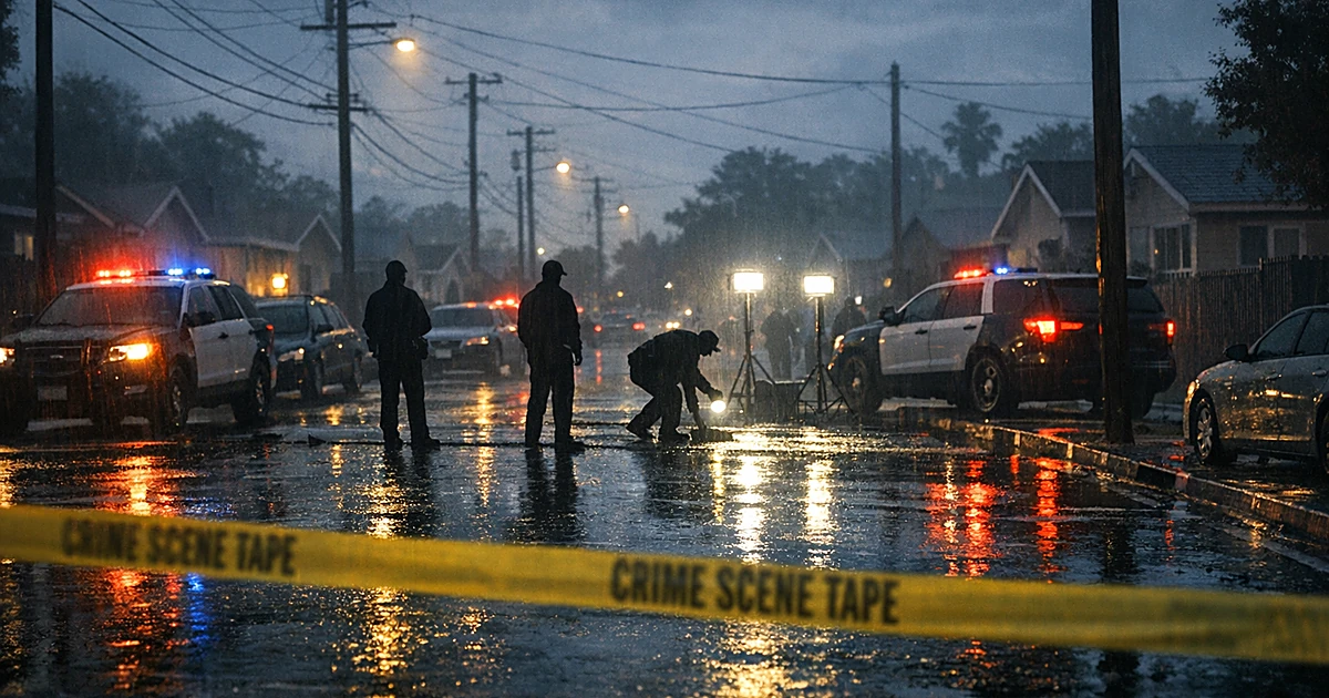 Police vehicles with emergency lights illuminate a cordoned residential street at dusk with crime scene tape in foreground