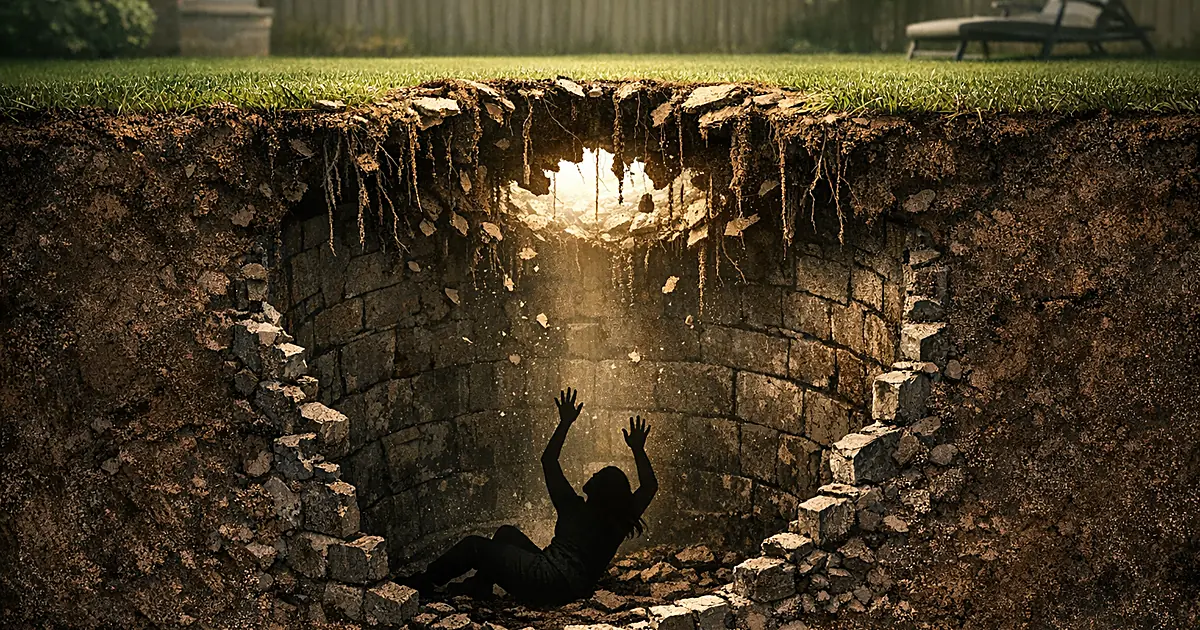 Cross-section illustration of person silhouette trapped in underground cesspool beneath suburban lawn