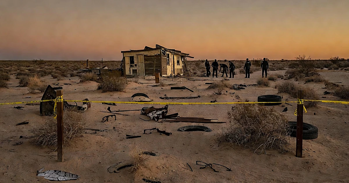 Crime scene tape across desert property with investigator silhouettes working in distance at dusk