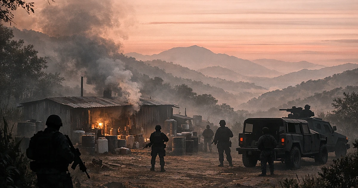 Silhouetted security forces raid clandestine drug laboratory in mountainous western Mexican terrain at dawn