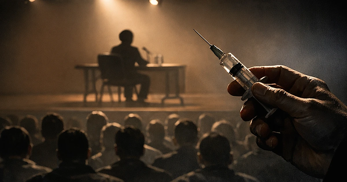Silhouetted figure on stage facing audience with syringe in foreground during town hall meeting