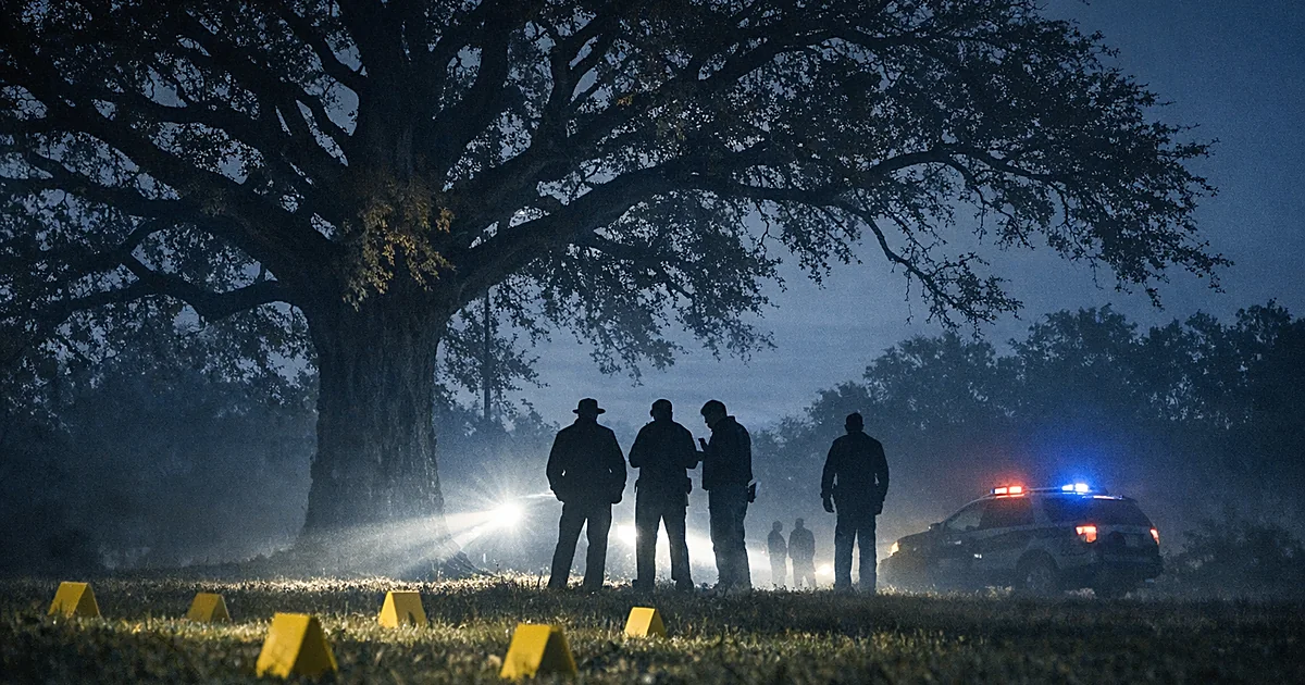 Silhouettes of investigators at night near a tree with police vehicle lights illuminating evidence markers on the ground