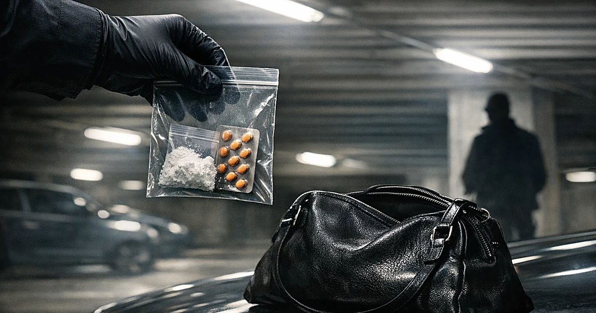 Gloved hand holding evidence bag with drugs above purse on car hood in parking garage with silhouetted figure watching