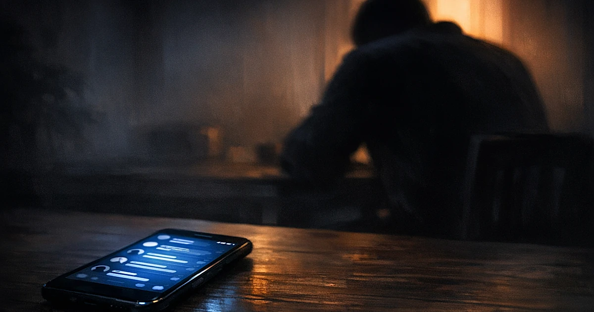 Silhouetted figure at table with glowing smartphone showing messaging app in dark room with contrasting lighting