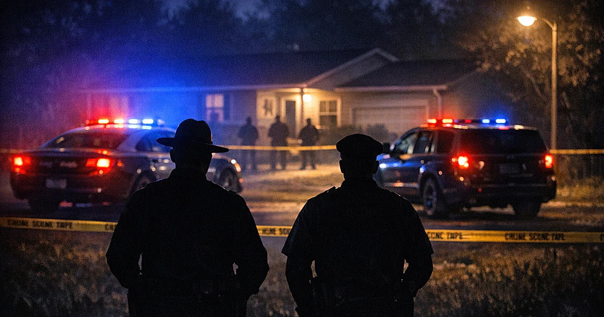 Two patrol cars with flashing lights parked outside a suburban home at night with officer silhouettes in foreground