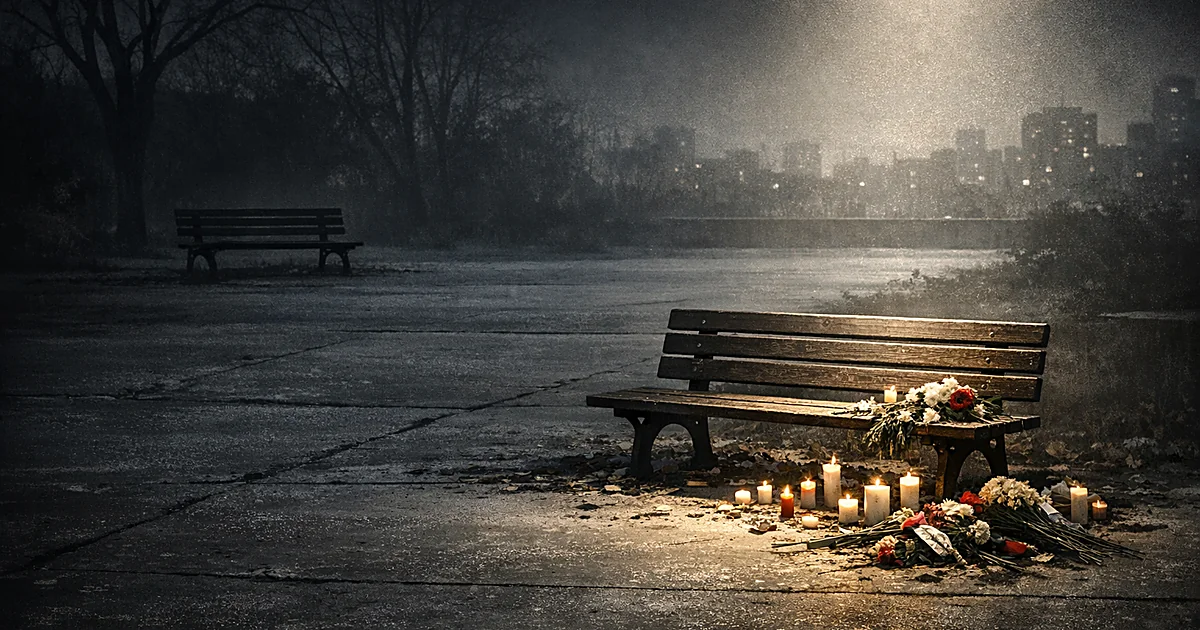 Two park benches in urban setting, one spotlit with memorial items, the other shadowed and bare, showing imbalanced attention