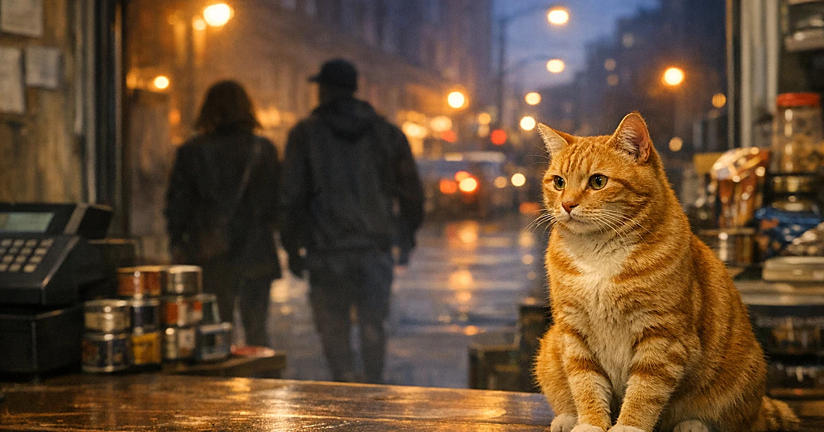 Orange tabby cat on bodega counter with silhouettes of two people visible through window walking on street outside
