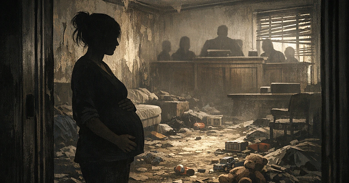Silhouette of woman facing cluttered, deteriorating room with scattered toys and courtroom bench shadow overlay