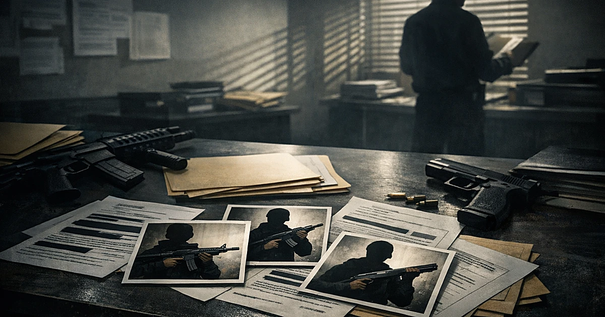 Evidence photographs and court documents spread on table in institutional room with silhouetted figure examining files