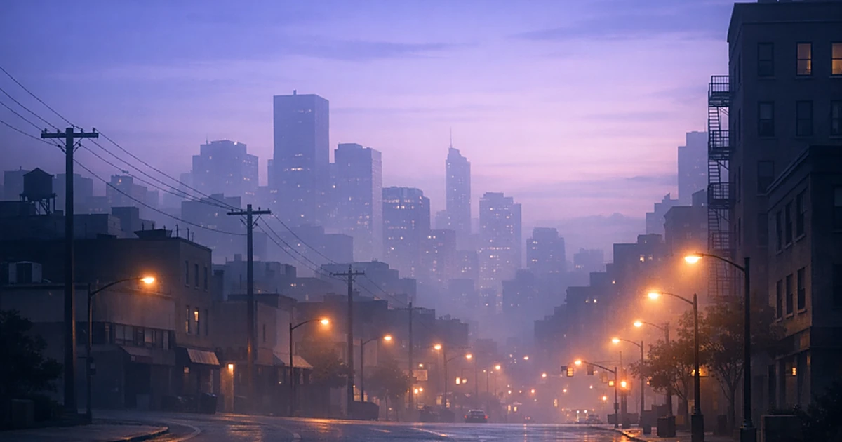 Abstract city skyline at dusk with soft lighting and peaceful atmosphere
