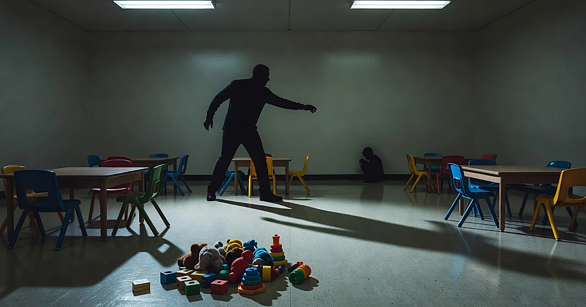 Dark silhouette of adult figure looming over small child silhouette in a preschool classroom with scattered toys