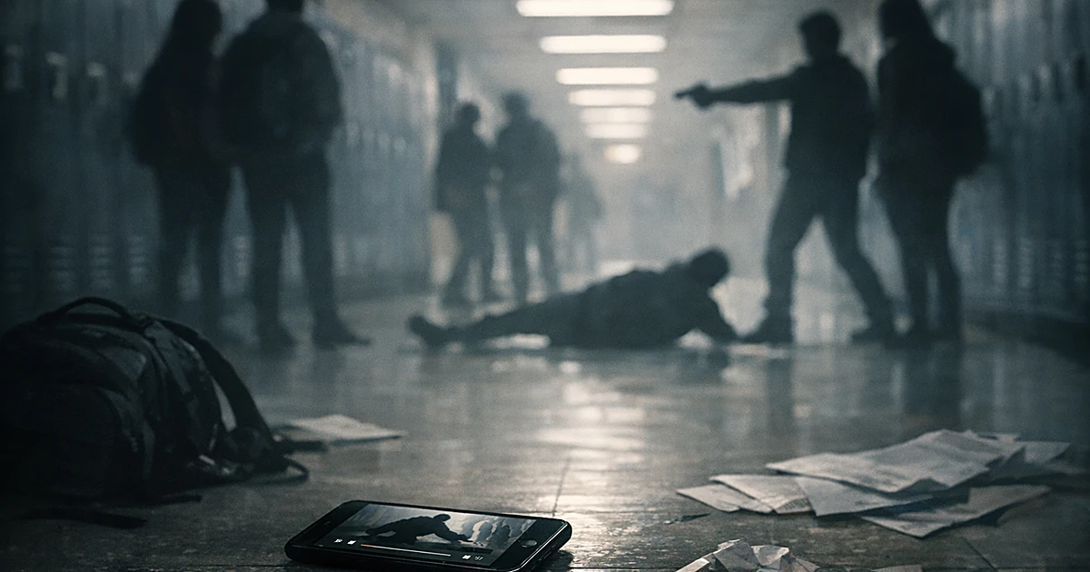Dark silhouettes of students in school hallway with smartphone on floor displaying video content