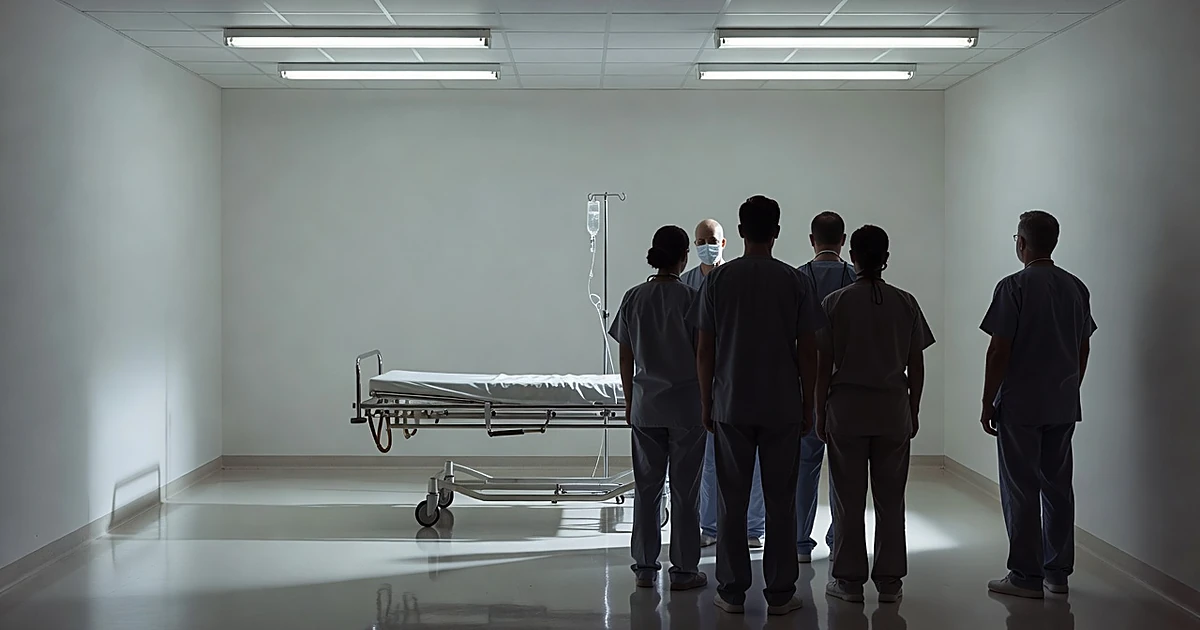 Silhouetted medical personnel face an empty gurney in a stark institutional room with harsh overhead lighting