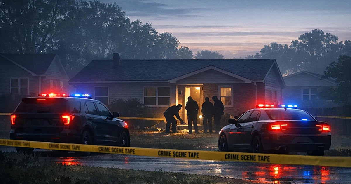 Police vehicles with flashing lights outside suburban home at dawn with crime scene tape and silhouetted investigators