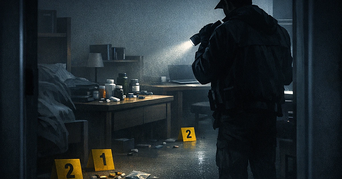 Dark dorm room with investigator silhouette examining scattered bottles and containers during forensic investigation