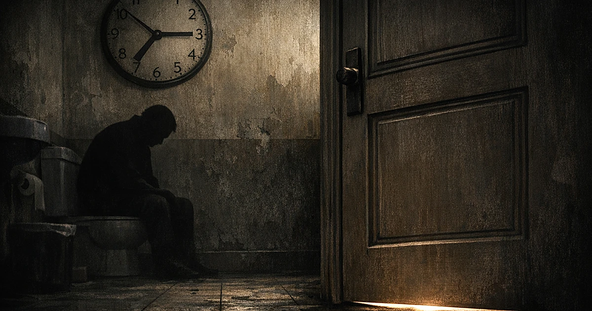 Dark bathroom interior with closed door and clock showing passage of time, depicting isolation and neglect