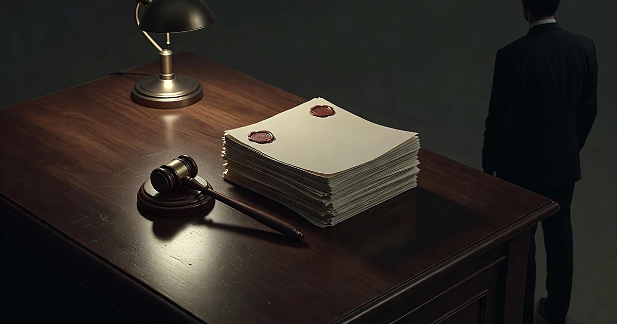 Gavel and sealed legal documents on desk with silhouetted figure standing with back turned in dim lighting