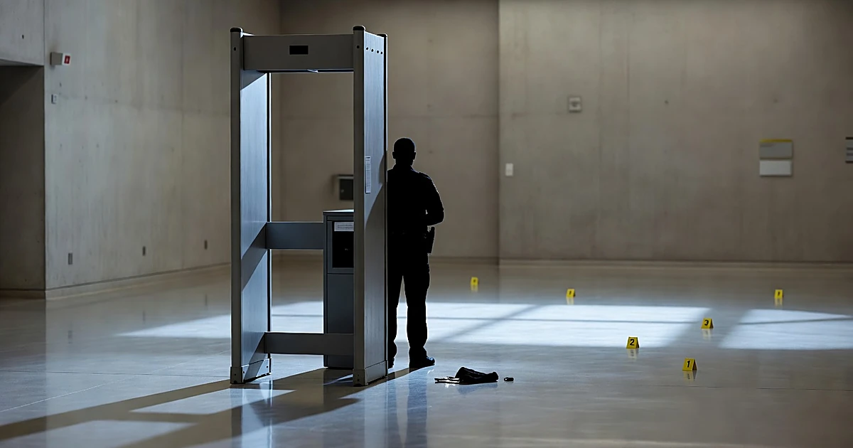 Security checkpoint inside courthouse lobby with silhouetted officer and evidence markers on floor