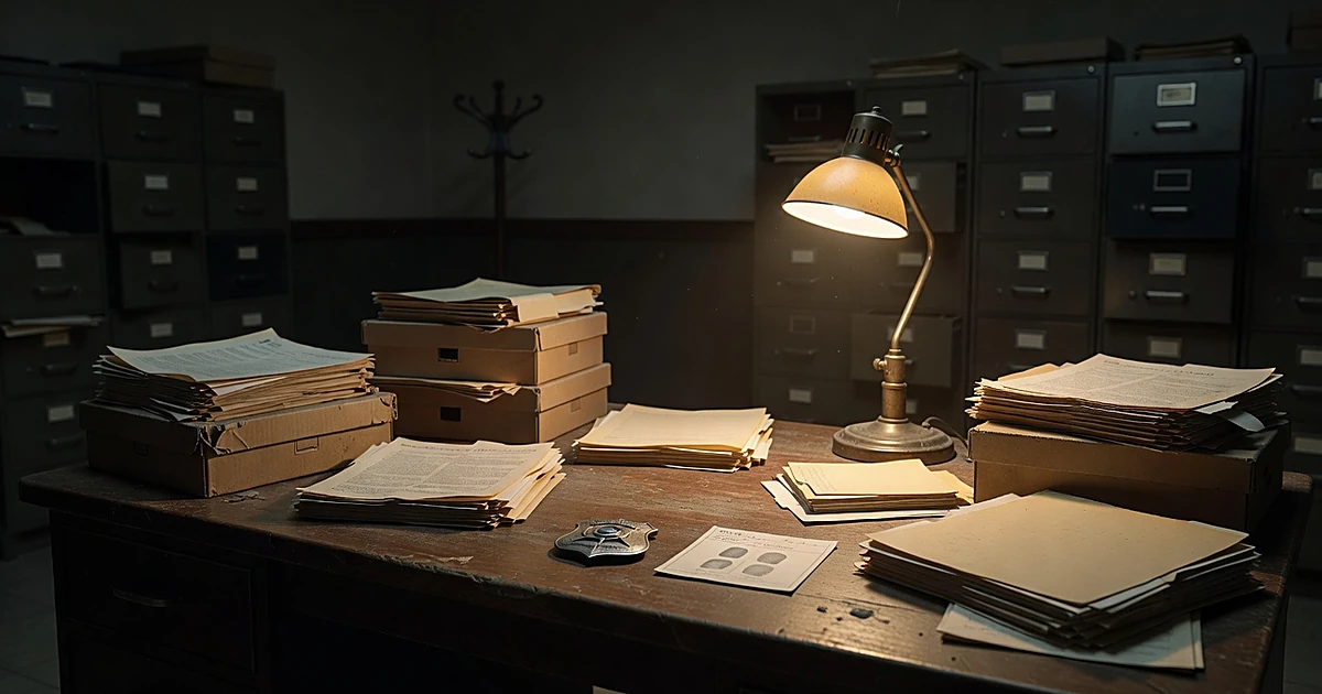 Dark police station desk with evidence boxes, files, and fingerprint card illuminated by single lamp in shadowy room