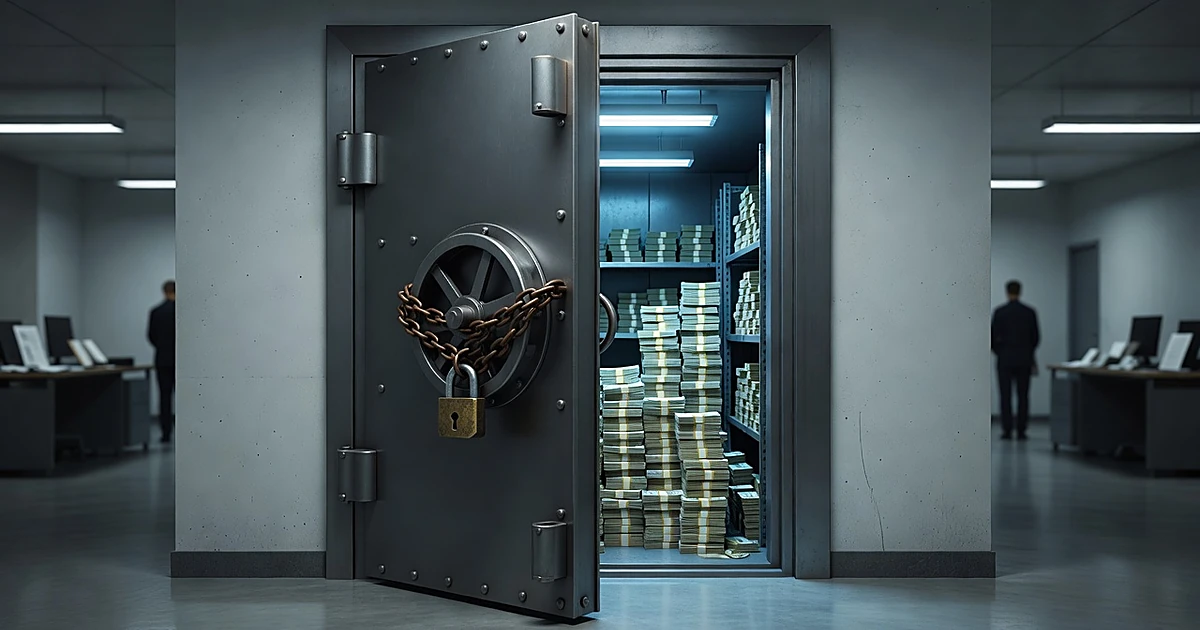 Chained vault door with money visible inside, symbolizing frozen federal grants in legal limbo