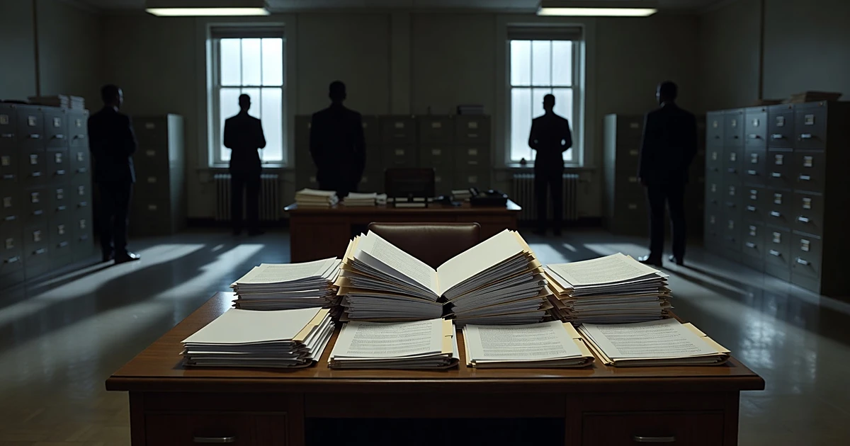 Government office with blank documents on desk and silhouetted figures by windows in institutional setting