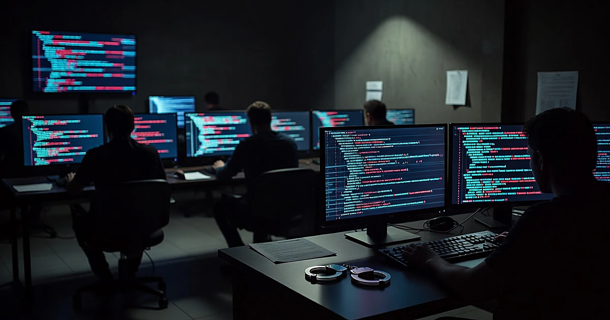 Silhouetted figures at computer workstations with handcuffs on desk, screens glowing in dark room