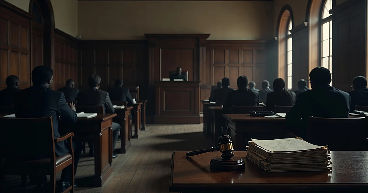 Courtroom interior with silhouetted figures and gavel, depicting federal sentencing proceedings